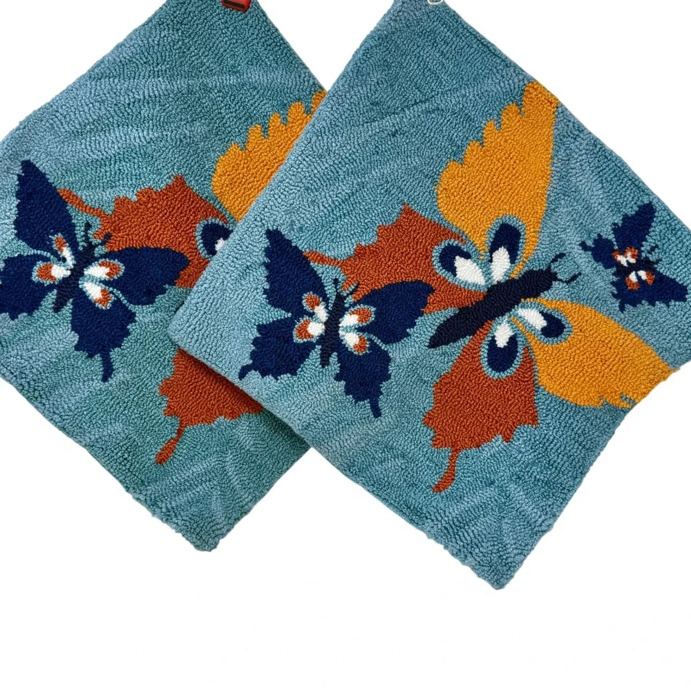 Set 2 Hooked Throw‎ Pillow Covers Butterfly Blue Orange 18x18 Colorful Fun Mod